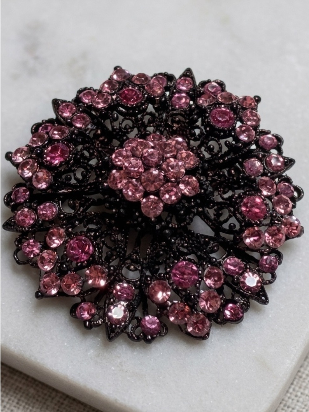 Vintage Gunmetal Pink Rhinestone Filigree Mandala Brooch Pin
